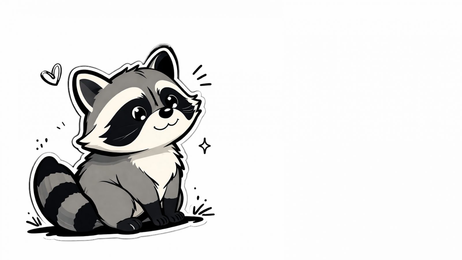 cute raccoon sticker doodle sitting with soft smile small heart accent clean outlined cartoon style minimal background