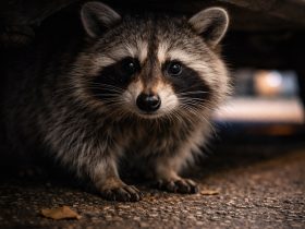 realistic raccoon hiding under parked car low angle gritty urban street night soft warm light detailed fur