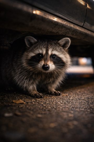 Raccoon Hiding Under Car Urban Night Scene