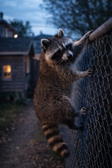 Raccoon Climbing Fence at Dusk Suburban Urban Wildlife