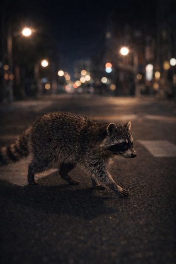 Raccoon Crossing Street at Night City Lights