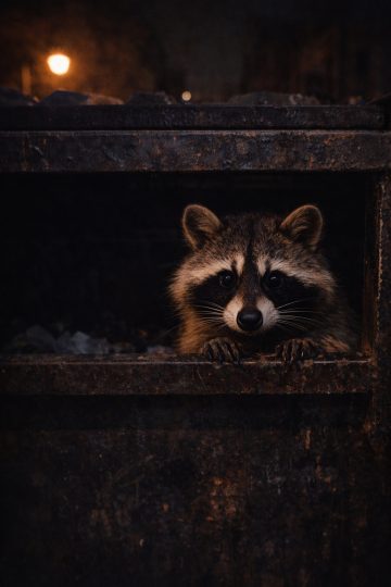 Raccoon Peeking from Dumpster Night Urban Scene