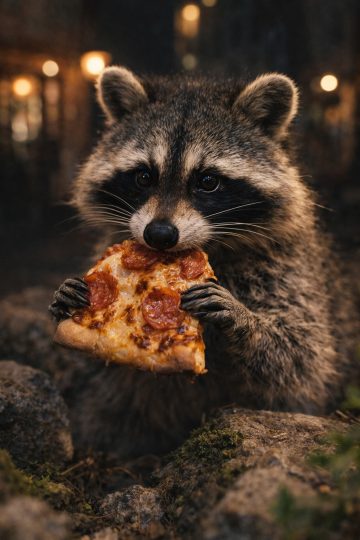 Raccoon Eating Pizza Night City Bokeh Urban Scene