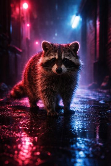 Raccoon in Neon Alley Rain Cyberpunk Urban