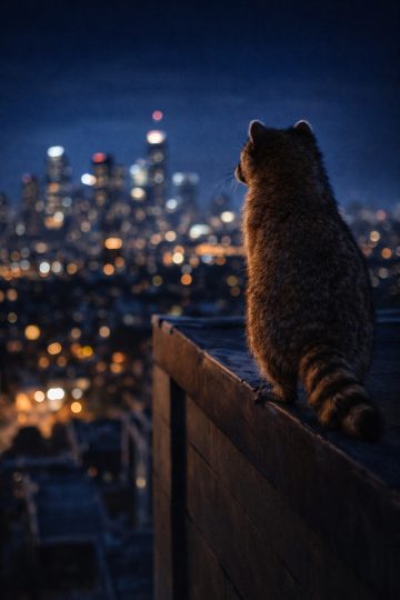 Raccoon Watching City from Rooftop Night Skyline
