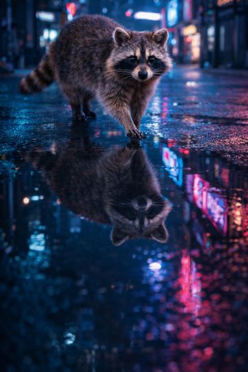 Raccoon Walking on Wet Street Neon Reflection