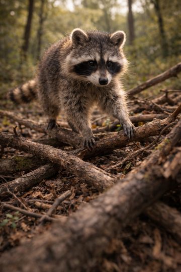 Raccoon Walking Over Forest Branches Wildlife