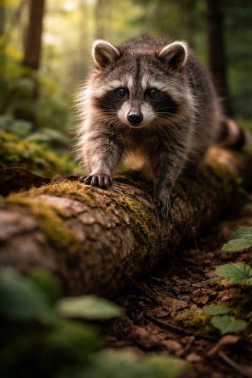 Raccoon Walking on Forest Log Morning Light Wildlife