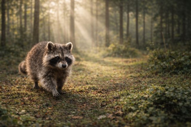 Raccoon Walking on Forest Path Depth Scene