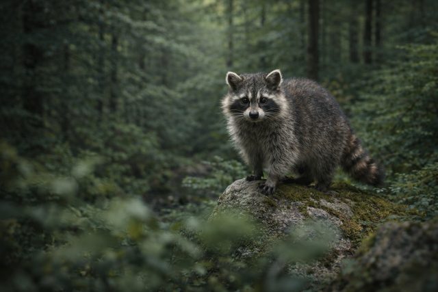 Raccoon on Mossy Rock Deep Forest Wildlife