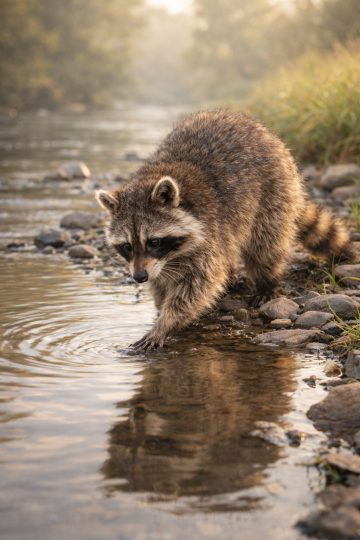Raccoon Touching Water at River Edge Wildlife Scene