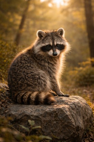 Raccoon Sitting on Rock Golden Hour Wildlife