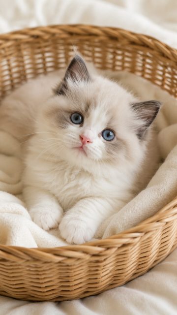 Ragdoll Cat Relaxing in Woven Basket Wallpaper