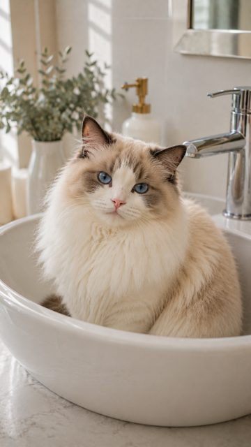 Ragdoll Cat Sitting in Bathroom Sink Wallpaper