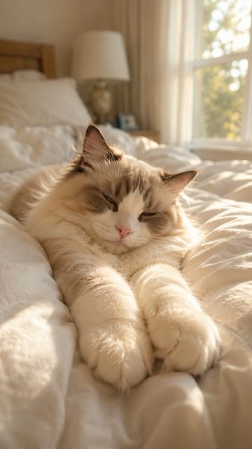 Cozy Ragdoll Cat Resting on Bed Sheets Wallpaper