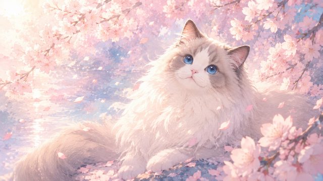 Ragdoll Cat in Cherry Blossom Fantasy Wallpaper