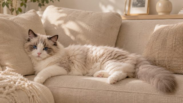 Ragdoll Cat Lounging on Cozy Couch Wallpaper