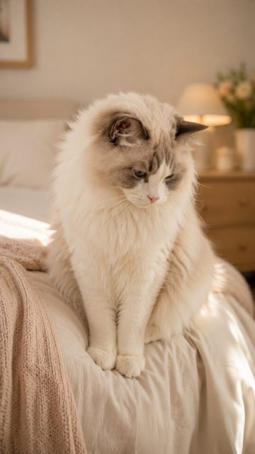 Ragdoll Cat Looking Down from Bed Wallpaper