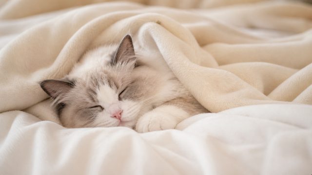 Sleeping Ragdoll Cat Blanket Scene Wallpaper