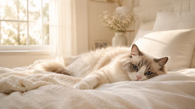Ragdoll Cat Resting on Window Bed Wallpaper