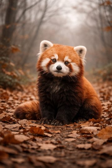 Red Panda Sitting on a Quiet Autumn Forest Path Wallpaper
