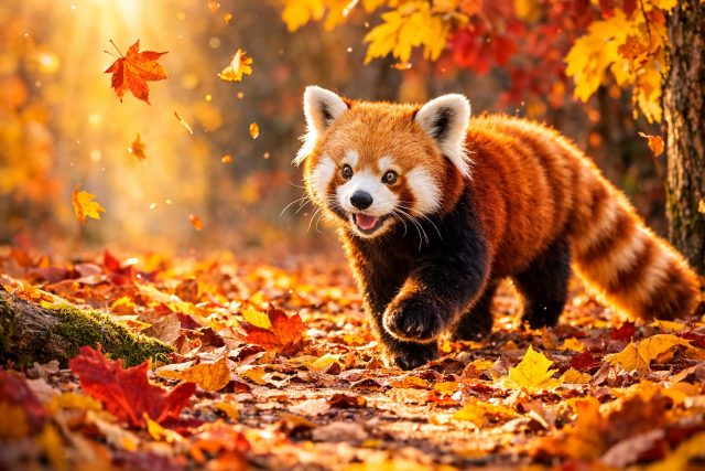 Red Panda Walking Through a Golden Autumn Forest Wallpaper