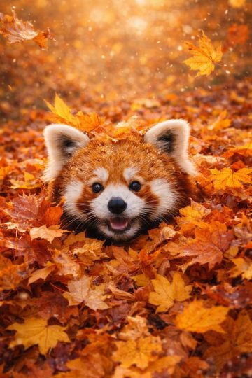 Red Panda Peeking Through Autumn Leaves Wallpaper