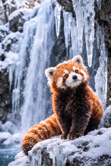 Red Panda by Frozen Waterfall Wallpaper