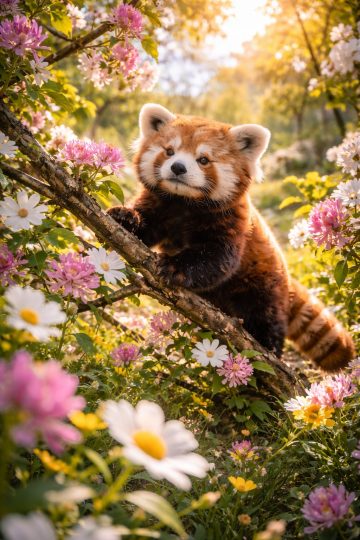 Red Panda Climbing a Flowering Tree Branch Wallpaper