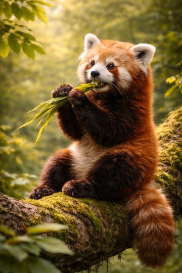 Red Panda Eating Bamboo on a Forest Branch Wallpaper