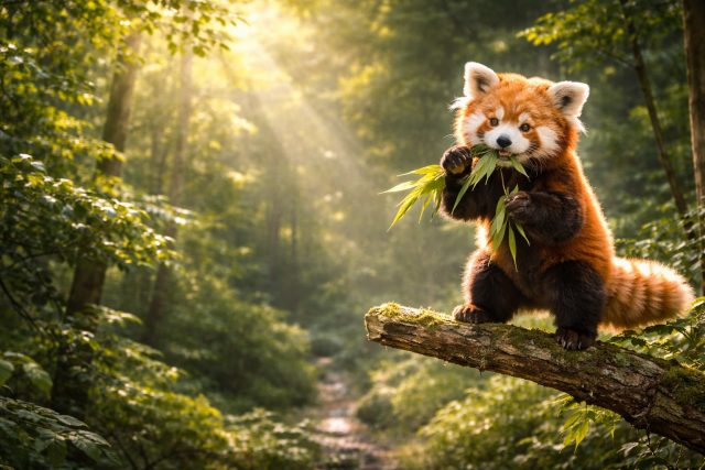 Red Panda Eating Bamboo in Sunlit Forest Wallpaper