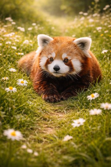 Red Panda Resting in a Daisy Field Wallpaper