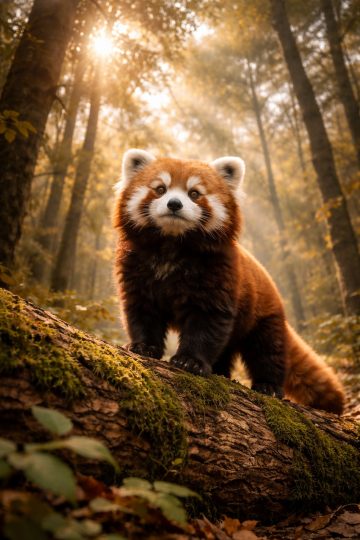 Red Panda in Moss Forest Sunlight Wallpaper