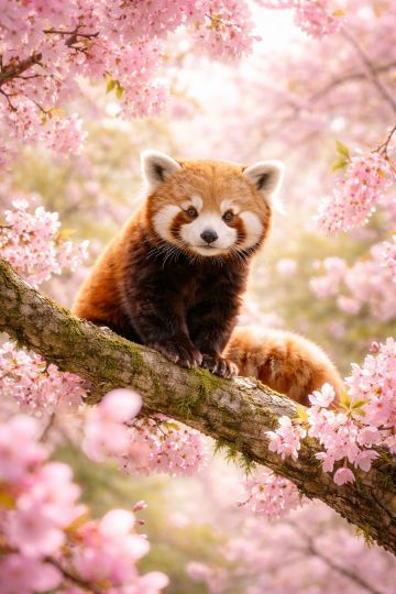 Red Panda on Cherry Blossom Branch Wallpaper