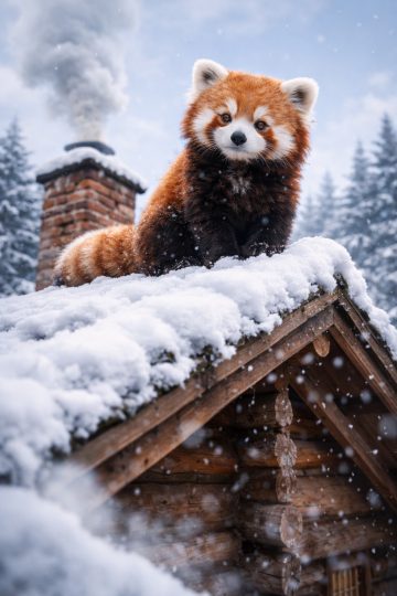 Red Panda on Snowy Cabin Roof Wallpaper
