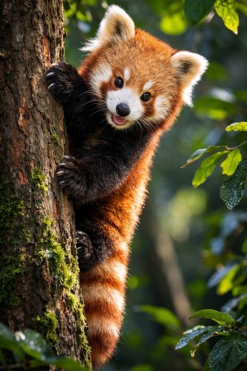 Red Panda Peeking from Tree Trunk Wallpaper