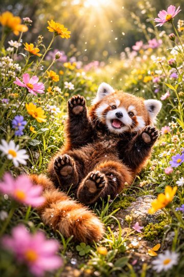 Red Panda Playing in a Sunny Flower Meadow Wallpaper