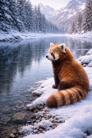 Red Panda by Frozen Mountain Lake Wallpaper