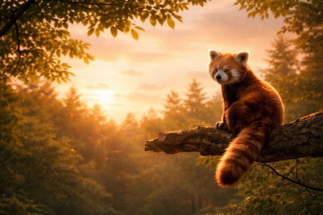 Red Panda on Tree Branch at Sunset Wallpaper