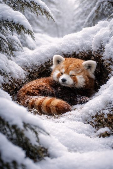 Red Panda Sleeping in Snow Nest Wallpaper