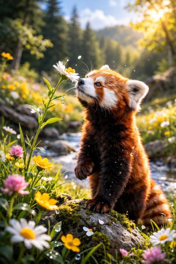 Red Panda Smelling a Daisy in a Sunny Meadow Wallpaper