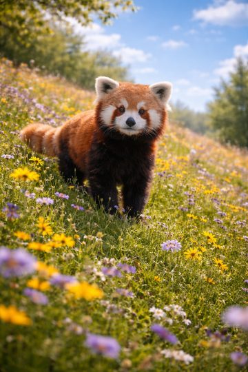 Red Panda Standing in a Colorful Flower Meadow Wallpaper
