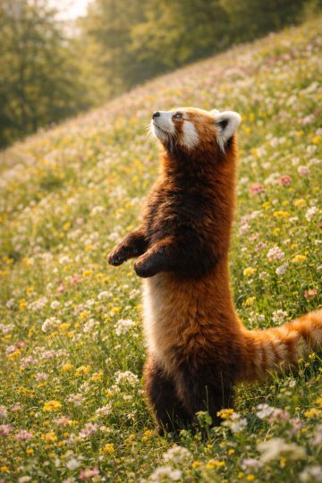 Red Panda Standing in Flower Meadow Wallpaper