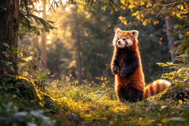 Red Panda Standing in Sunlit Forest Wallpaper