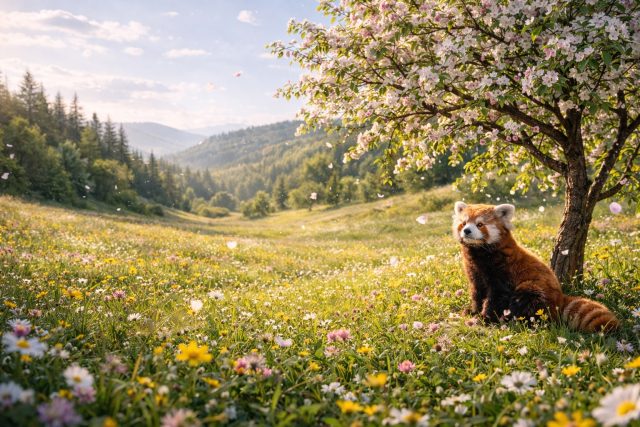 Red Panda Sitting Under a Blossom Tree in a Meadow Wallpaper