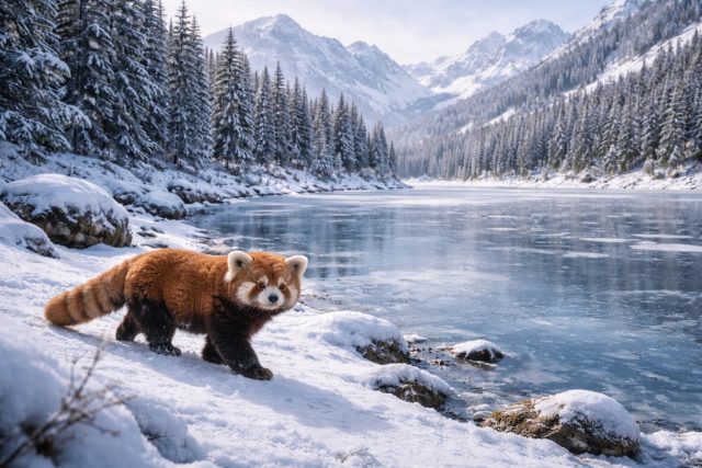 Red Panda Near Frozen Lake and Mountains Wallpaper