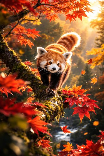 Red Panda Walking on Autumn Branch Wallpaper