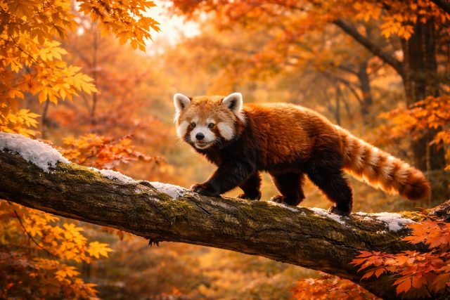 Red Panda Walking on Autumn Tree Log Wallpaper