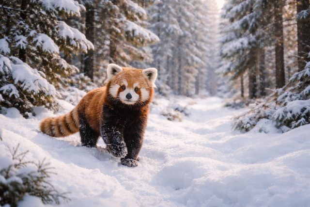 Red Panda Walking Through Snowy Forest Wallpaper