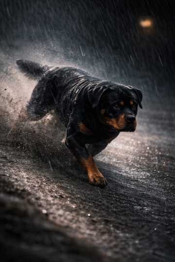 Rottweiler Charging in Heavy Rain with Dramatic Motion Blur Wallpaper